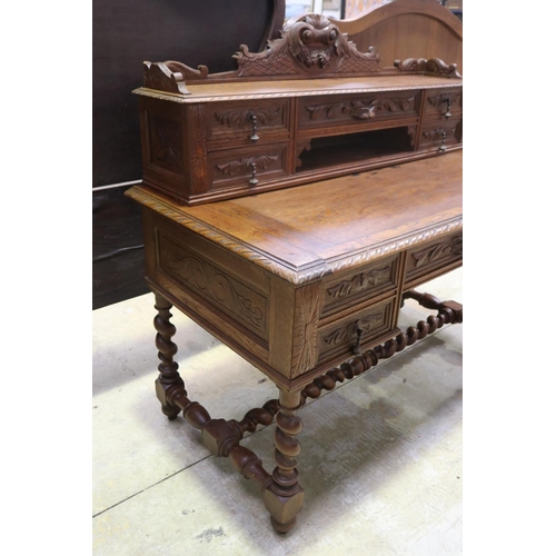 407 - Antique French carved oak Henri II desk, approx 122cm H x 130cm W x 66cm D