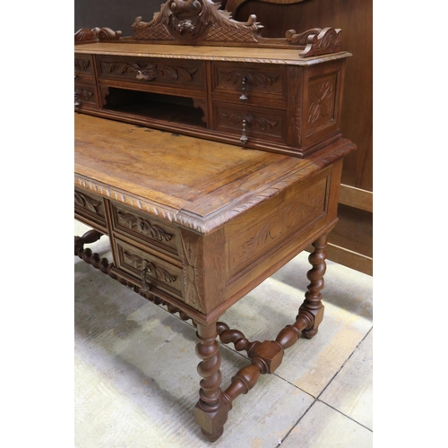 407 - Antique French carved oak Henri II desk, approx 122cm H x 130cm W x 66cm D
