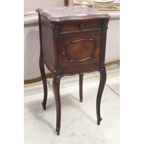 410 - Antique French Louis XV style marble topped nightstand, approx 85cm H (note marble repaired)