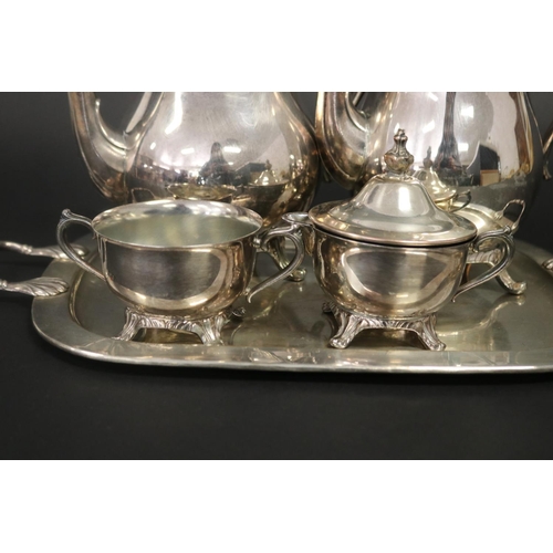 412 - French silver plated  tea & coffee service on tray, approx 24cm H and shorter (5)