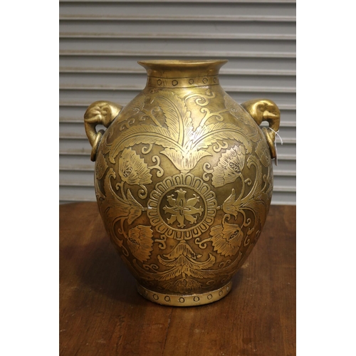 460 - Large elephant mask twin handled gold painted vase, unmarked, approx 53cm H