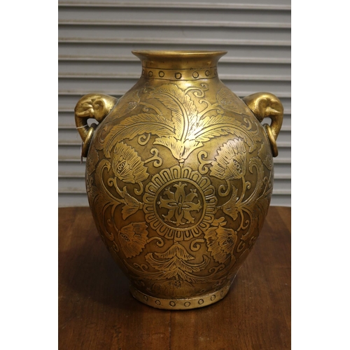 460 - Large elephant mask twin handled gold painted vase, unmarked, approx 53cm H