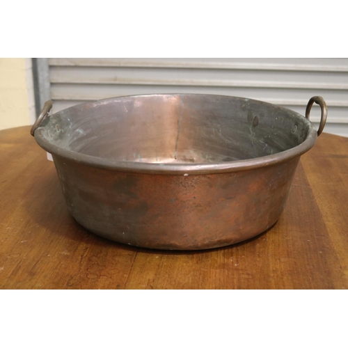 469 - Antique French twin handled copper preserving pan, approx 17cm H excluding handles x 54cm Dia