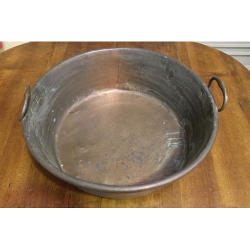 469 - Antique French twin handled copper preserving pan, approx 17cm H excluding handles x 54cm Dia
