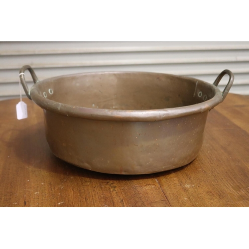 470 - Antique French twin handled copper preserving pan, approx 17cm H excluding handles x 45cm Dia