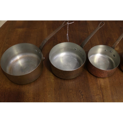 471 - Set of five French rustic copper & wrought iron saucepans, approx 20cm Dia and smaller (5)