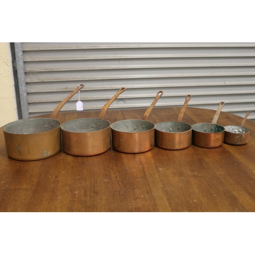 472 - Set of six French rustic copper & wrought iron saucepans, approx 20cm Dia and smaller (6)