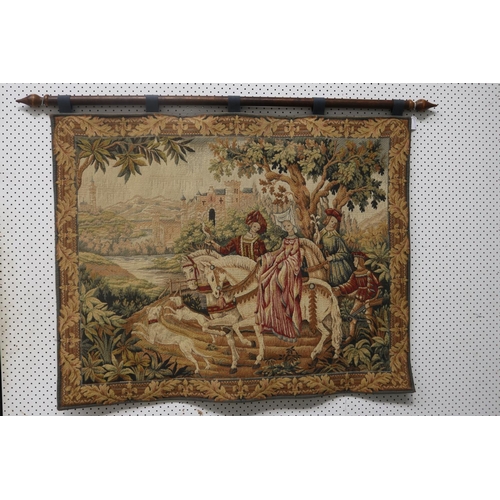 485 - The Royal Hunt tapestry by Marc Waymel, with hanging rod, approx 95cm x 118cm excluding rod.
