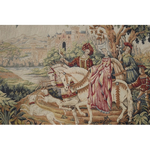 485 - The Royal Hunt tapestry by Marc Waymel, with hanging rod, approx 95cm x 118cm excluding rod.