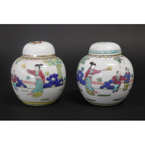 347 - Two similar Chinese porcelain famille rose lidded pots, approx 12cm H (2)