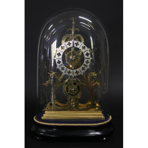 361 - Brass skeleton clock under glass dome, fusee movement, has pendulum but no key, untested, approx 41c... 