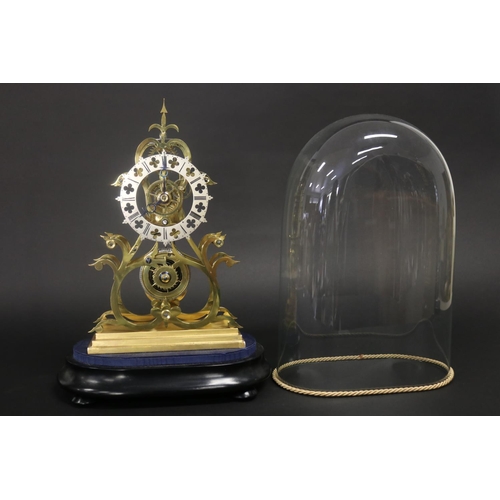 361 - Brass skeleton clock under glass dome, fusee movement, has pendulum but no key, untested, approx 41c... 