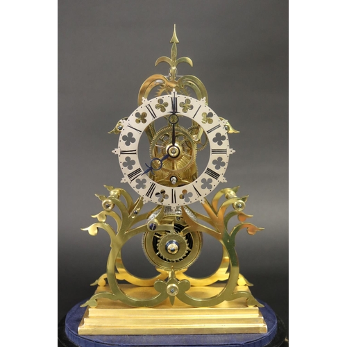 361 - Brass skeleton clock under glass dome, fusee movement, has pendulum but no key, untested, approx 41c... 