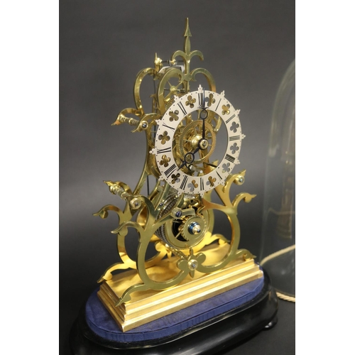 361 - Brass skeleton clock under glass dome, fusee movement, has pendulum but no key, untested, approx 41c... 