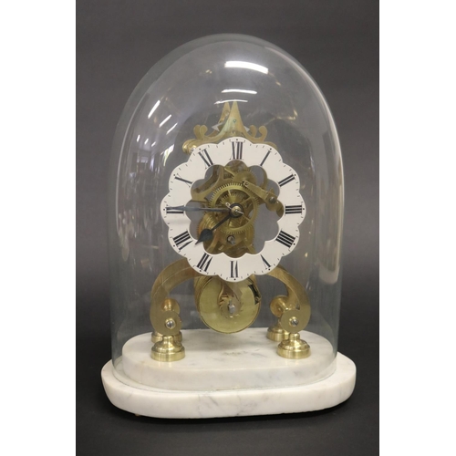 363 - Brass skeleton clock under glass dome, has pendulum but no key, untested, approx 33cm H x 24cm W