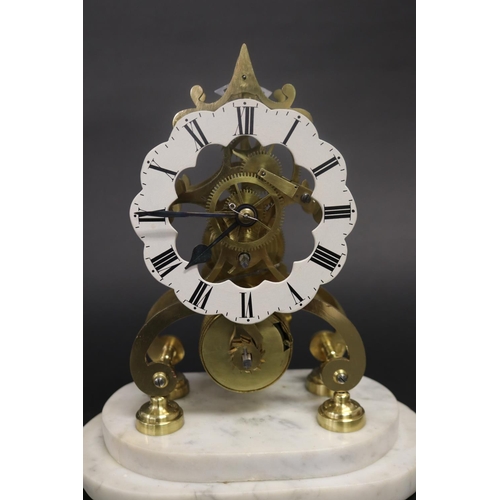 363 - Brass skeleton clock under glass dome, has pendulum but no key, untested, approx 33cm H x 24cm W