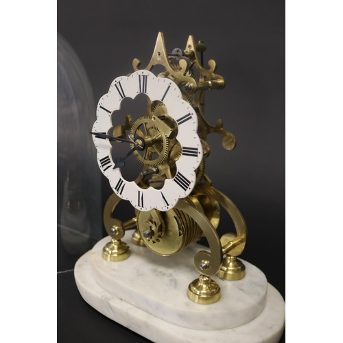 363 - Brass skeleton clock under glass dome, has pendulum but no key, untested, approx 33cm H x 24cm W