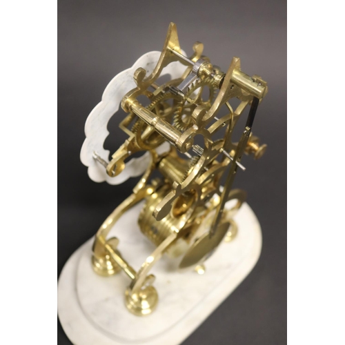 363 - Brass skeleton clock under glass dome, has pendulum but no key, untested, approx 33cm H x 24cm W