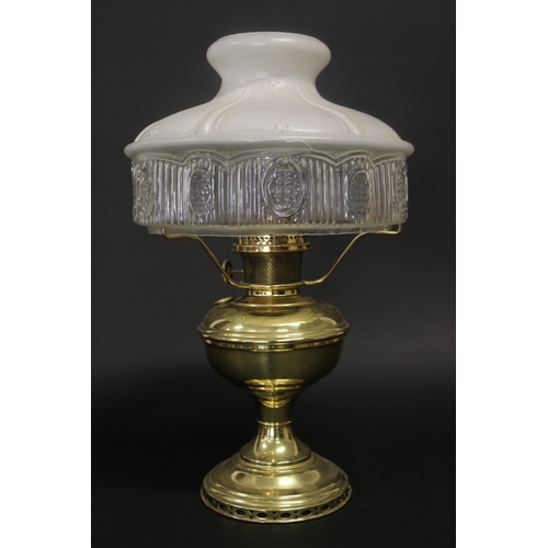 365 - Antique brass oil lamp with glass shade, missing flue, approx 46cm H