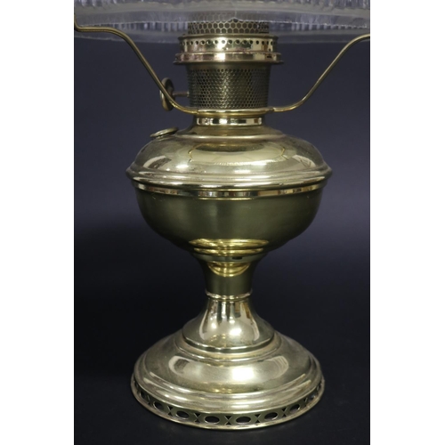 365 - Antique brass oil lamp with glass shade, missing flue, approx 46cm H