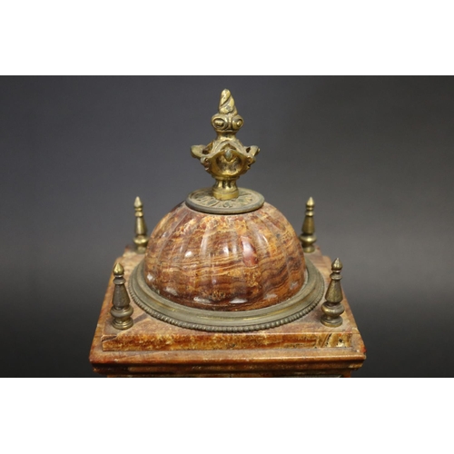 366 - Fine antique onyx small scale architectural dome topped mantle clock, with pendulum, striking on gon... 