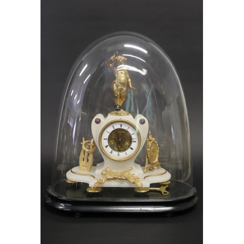 375 - Antique French figural mantle clock, alabaster case with gilt metal mounts, the figure of a putti fi... 