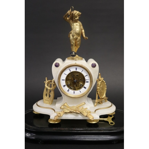 375 - Antique French figural mantle clock, alabaster case with gilt metal mounts, the figure of a putti fi... 