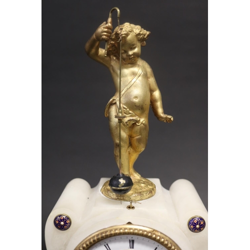 375 - Antique French figural mantle clock, alabaster case with gilt metal mounts, the figure of a putti fi... 