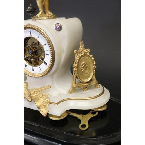 375 - Antique French figural mantle clock, alabaster case with gilt metal mounts, the figure of a putti fi... 