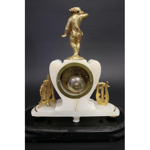 375 - Antique French figural mantle clock, alabaster case with gilt metal mounts, the figure of a putti fi... 