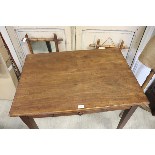 192 - French rustic period style single drawer table, standing on square tapering legs, approx 74cm H x 91... 