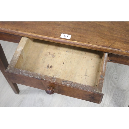 192 - French rustic period style single drawer table, standing on square tapering legs, approx 74cm H x 91... 