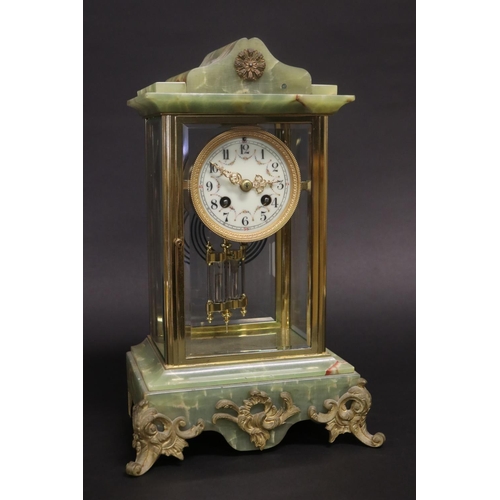 455 - Antique French green onyx & brass mantle clock, has pendulum but no key, untested, approx 36cm H x 2... 