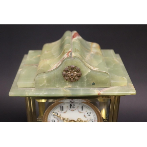 455 - Antique French green onyx & brass mantle clock, has pendulum but no key, untested, approx 36cm H x 2... 