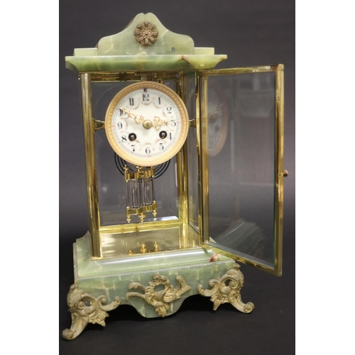 455 - Antique French green onyx & brass mantle clock, has pendulum but no key, untested, approx 36cm H x 2... 
