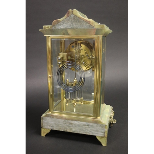 455 - Antique French green onyx & brass mantle clock, has pendulum but no key, untested, approx 36cm H x 2... 