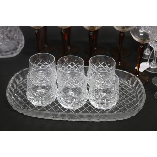 395 - Assortment of glass ware to include decanter, tray & glasses, approx 37cm H and shorter