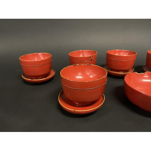3 - Japanese Edo period 1600-1868 Buddhist temple Kiyyaki or Zelokova red lacquer wood bowls set of Five... 