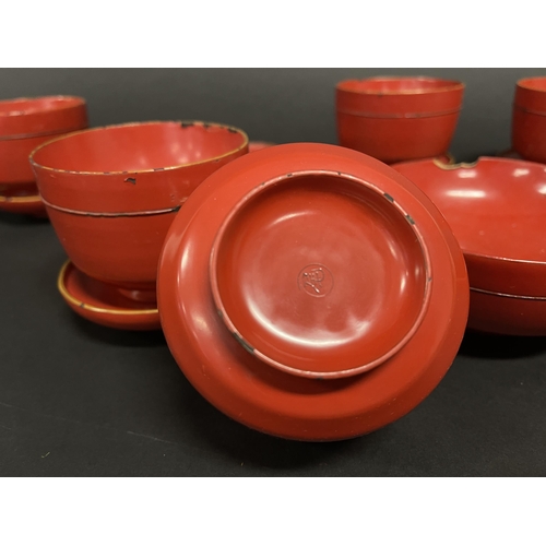 3 - Japanese Edo period 1600-1868 Buddhist temple Kiyyaki or Zelokova red lacquer wood bowls set of Five... 