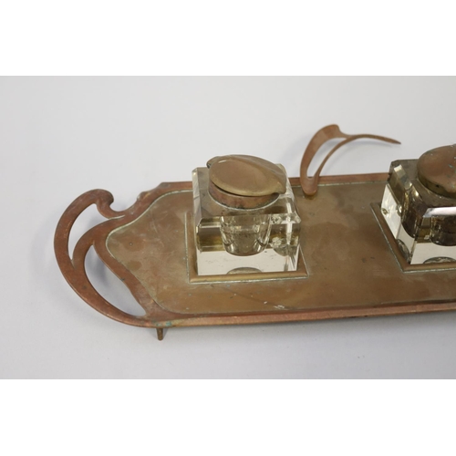 18 - Antique Austrian Geschutzt Art Nouveau cast brass inkstand, with adjustable pen holder, marked to ba... 
