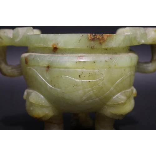 66 - Chinese jade tri legged censer, with double lion mask handles, no lid, approx 13cm H x 18cm W