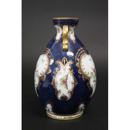 110 - Grainger Royal China Works Worcester twin handled blue ground vase, decorated with bird & foliage, m... 