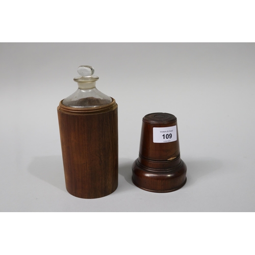 109 - Antique treen medicine bottle cover with glass bottle and beaker, needs attention, approx 22cm H