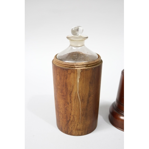 109 - Antique treen medicine bottle cover with glass bottle and beaker, needs attention, approx 22cm H