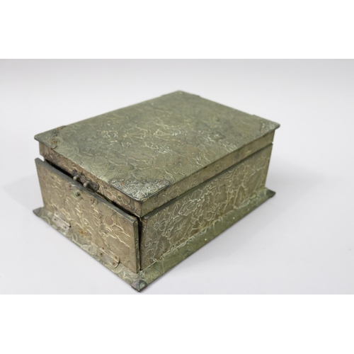 114 - Antique Japanese jewelry box, pressed metal, fitted interior, approx 12cm H x 28cm W x 20cm D