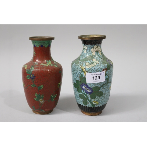 129 - Two cloisonne vases, one of red ground and the other pale blue, each approx 17cm H (2)