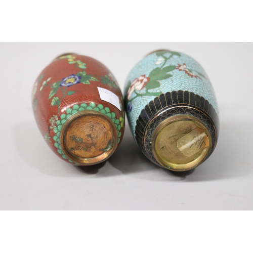 129 - Two cloisonne vases, one of red ground and the other pale blue, each approx 17cm H (2)