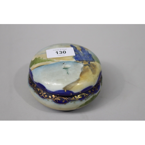 130 - Vintage Royal Nippon lidded circular trinket box painted with a white swan on a lake, approx 6cm H x... 