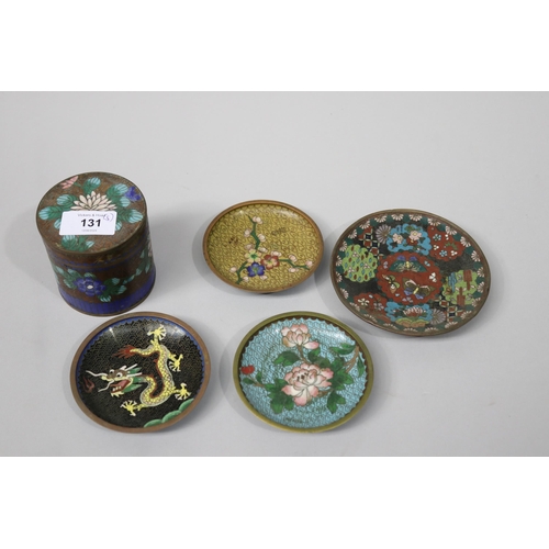 131 - Assortment Japanese and Chinese- Cloisonne cigarette box and four small dishes, approx 12cm Dia and ... 