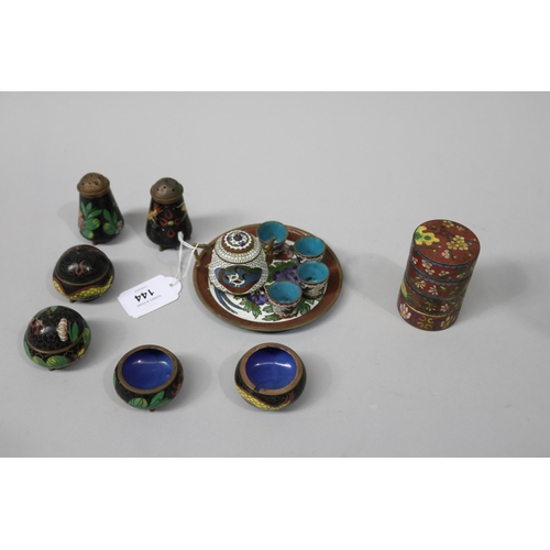 144 - Good Assortment of miniature cloisonne lidded pots, salt and pepper etc, approx 11cm Dia and smaller